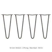4-Pack 12-Inch Hairpin Legs, 2-Prong Mounting, 10mm Diameter, Raw Steel