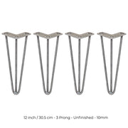 4-Pack 12-Inch Hairpin Legs, 3-Prong, 10mm Diameter, Raw Steel
