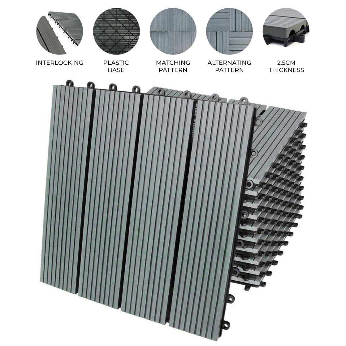 66-Pack WPC Decking Floor Tiles – 30 × 30 cm – Grey