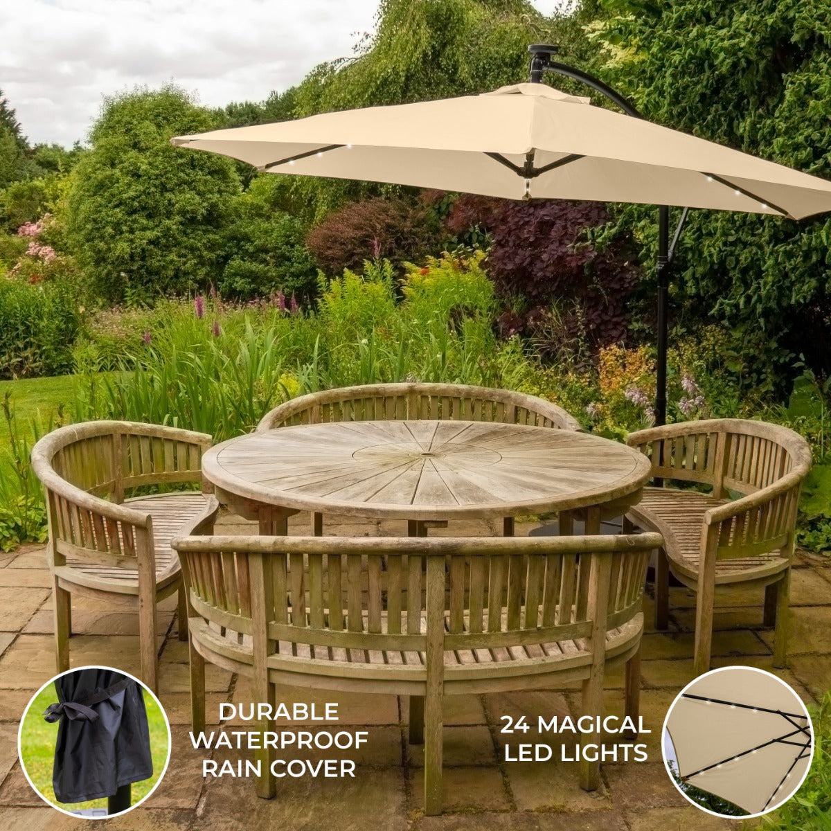 Beige 3m LED Cantilever Parasol for Outdoor Patio