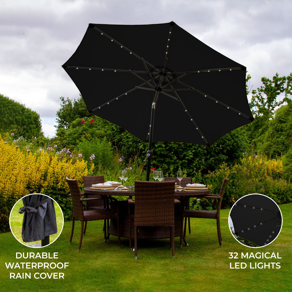 Black 2.7m LED Tilt Patio Parasol