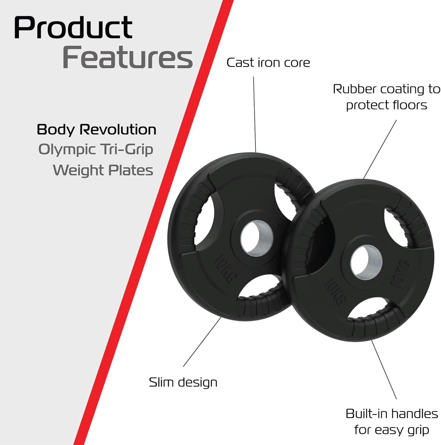 2 x 10 kg Olympic Tri-Grip Rubber Weight Plates – Black