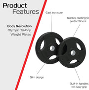 Pair of 25 kg Olympic Tri-Grip Rubber Weight Plates – Black