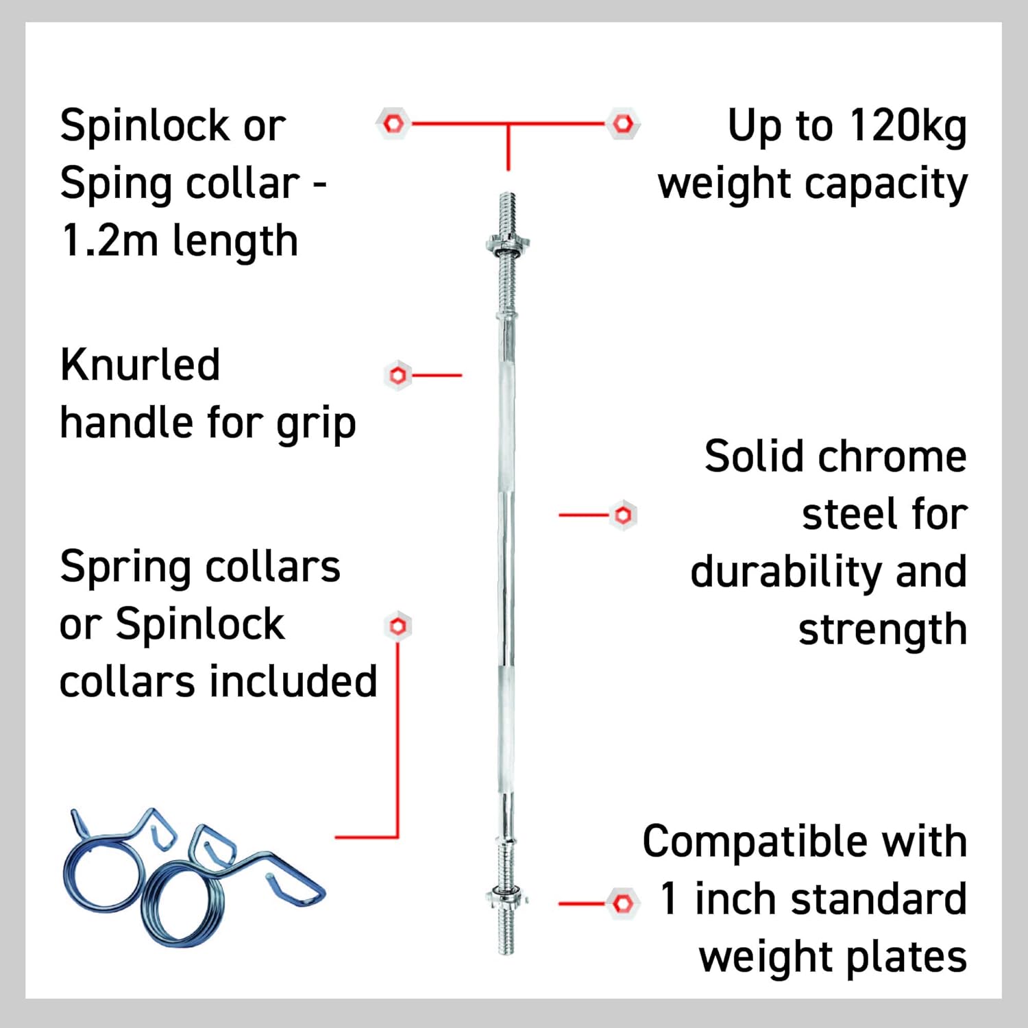 Straight Barbell Bar, 1-Inch Standard Diameter, 1.2 m Length, Springlock