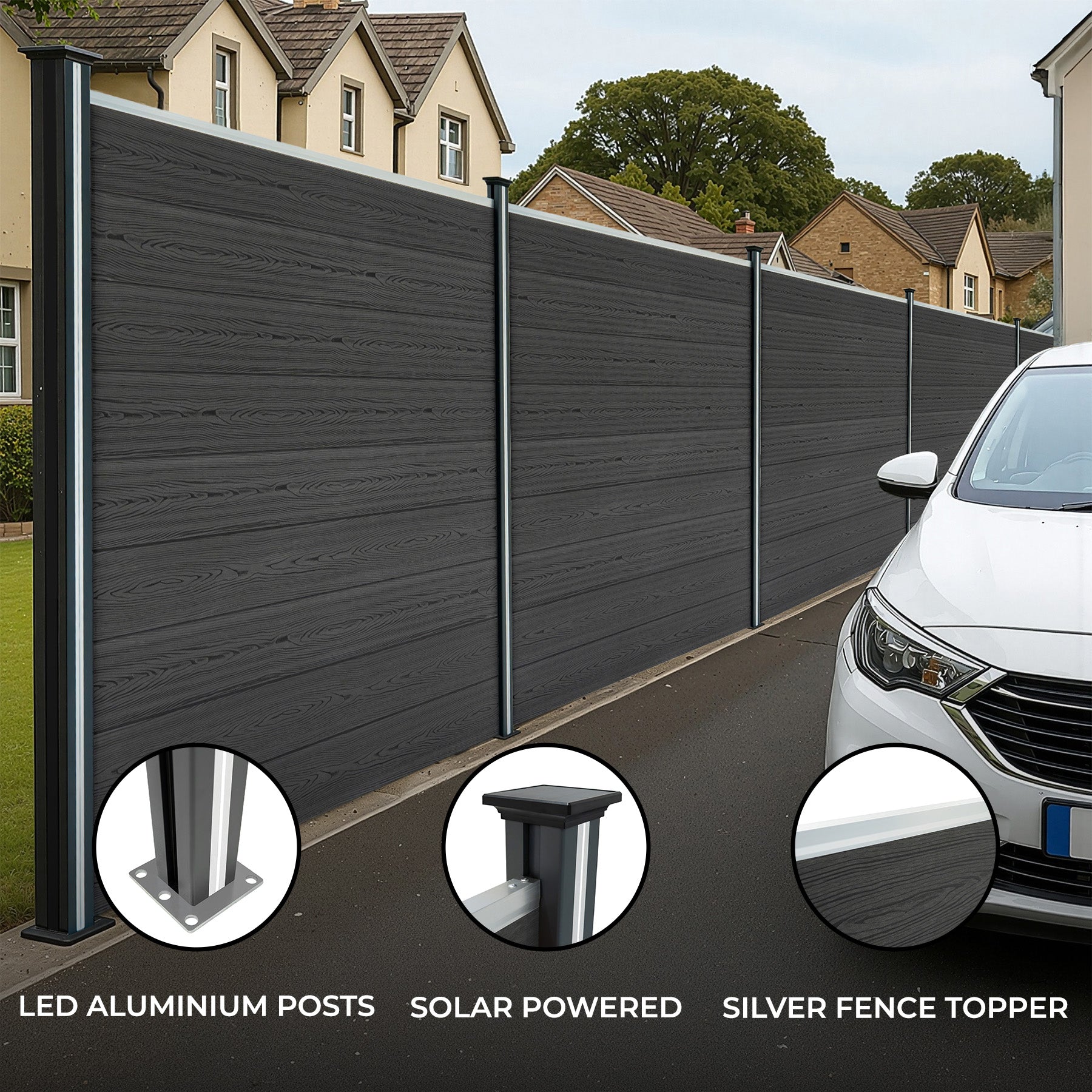 10-Panel Composite Fence Kit with LED Posts, 6 ft High by 57 ft Long, Grey