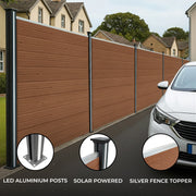 Brown Composite Fence Panels Kit: 6 Panels, Angled Piece, and 7 LED Posts