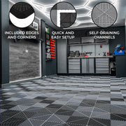 Vented Garage Floor Tiles with Edges - 60 Black and 60 Grey