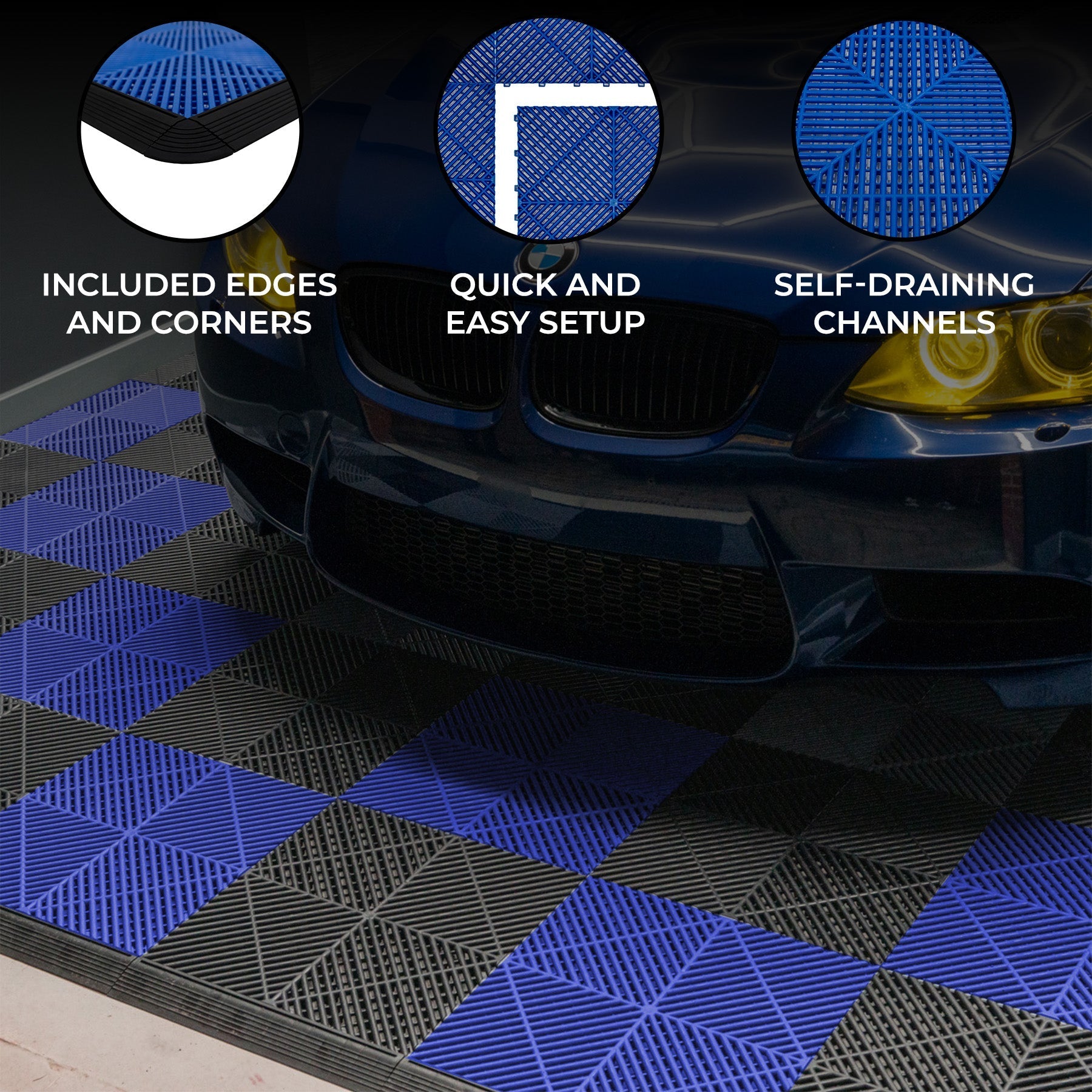 Vented Garage Floor Tiles with Edges — 120 Black and 120 Blue