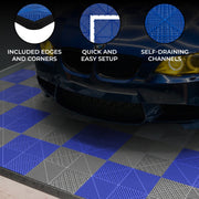 Vented Garage Floor Tiles with Edges – 120 Grey Tiles and 120 Blue Tiles