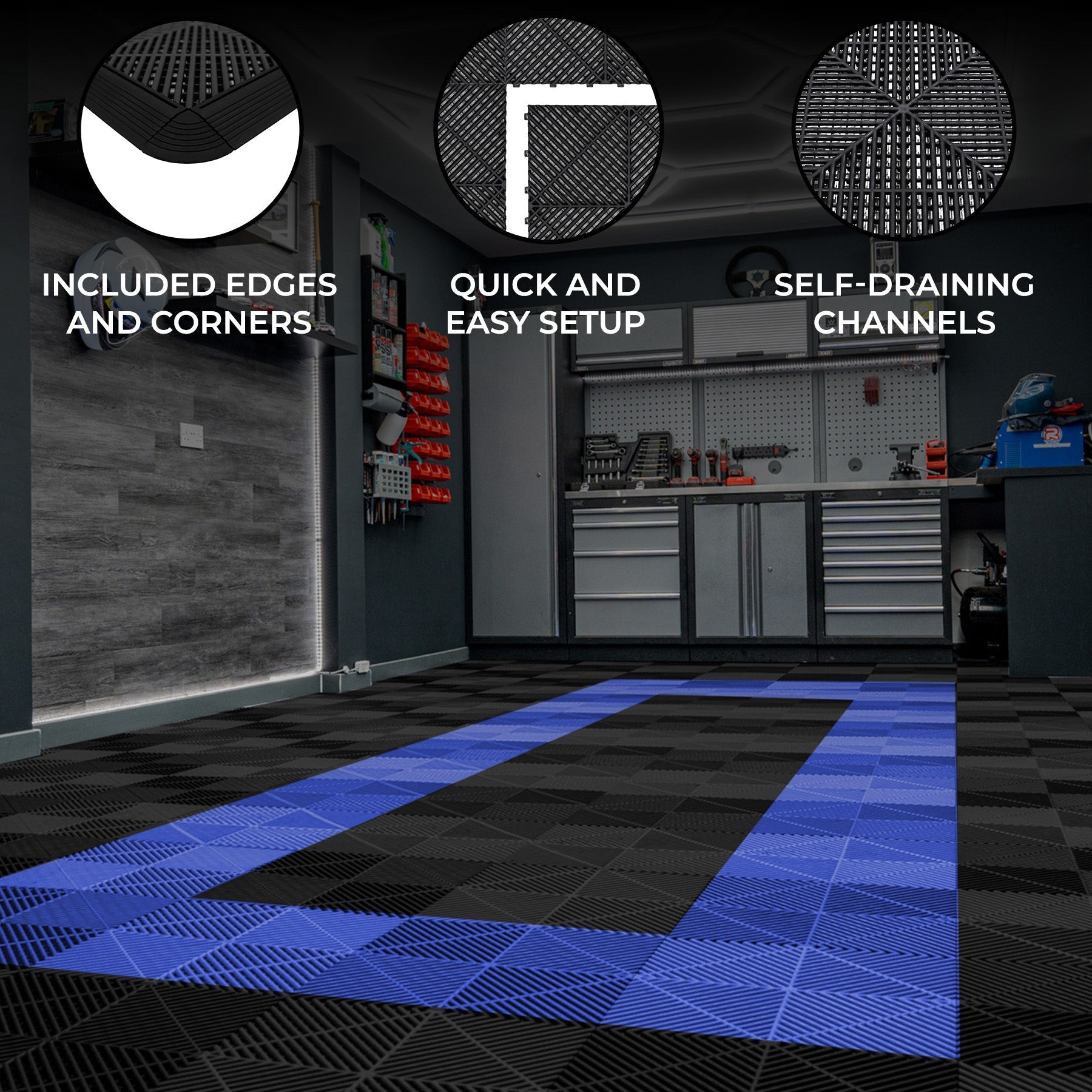 Vented Garage Floor Tiles with Edges - 165 Black and 60 Blue