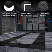 Vented Garage Floor Tiles with Edges (90 Grey, 30 Black)