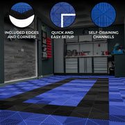 Vented Garage Floor Tiles with Edges - Blue and Black (90 Blue, 30 Black)