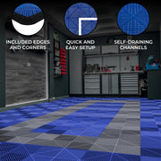Vented Garage Floor Tiles with Edges – 90 Blue and 30 Grey