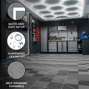 Hexagonal LED-Illuminated Ventilated Garage Floor Tiles, 120-Pack, Edges Included, Grey