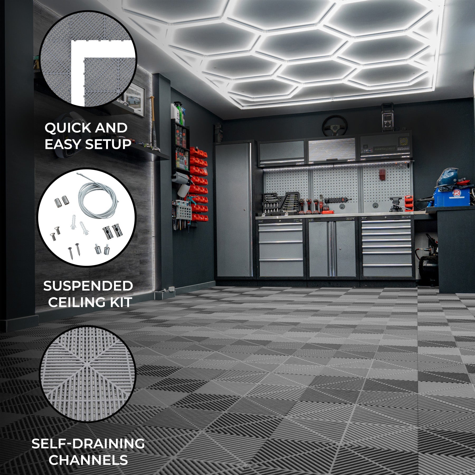 Hexagonal LED-Illuminated Ventilated Garage Floor Tiles, 120-Pack, Edges Included, Grey