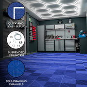 Hexagon LED Light and Vented Garage Floor Tiles – 120-Piece Set with Edge Pieces – Blue