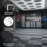 Hexagonal LED-Lit Vented Garage Floor Tiles with Edges – Set of 120 (60 Black, 60 Grey)