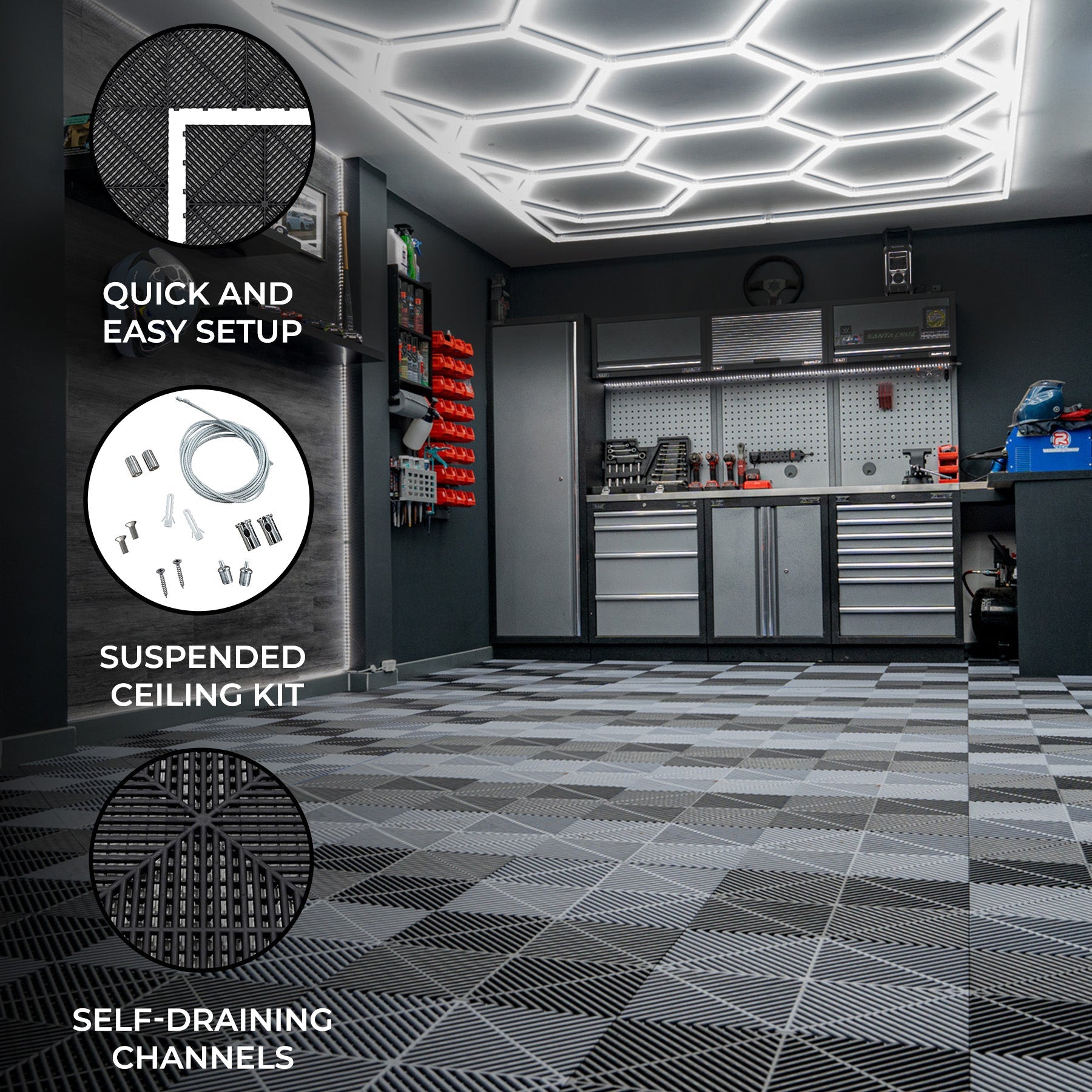 Hexagonal LED-Lit Vented Garage Floor Tiles with Edges – Set of 120 (60 Black, 60 Grey)