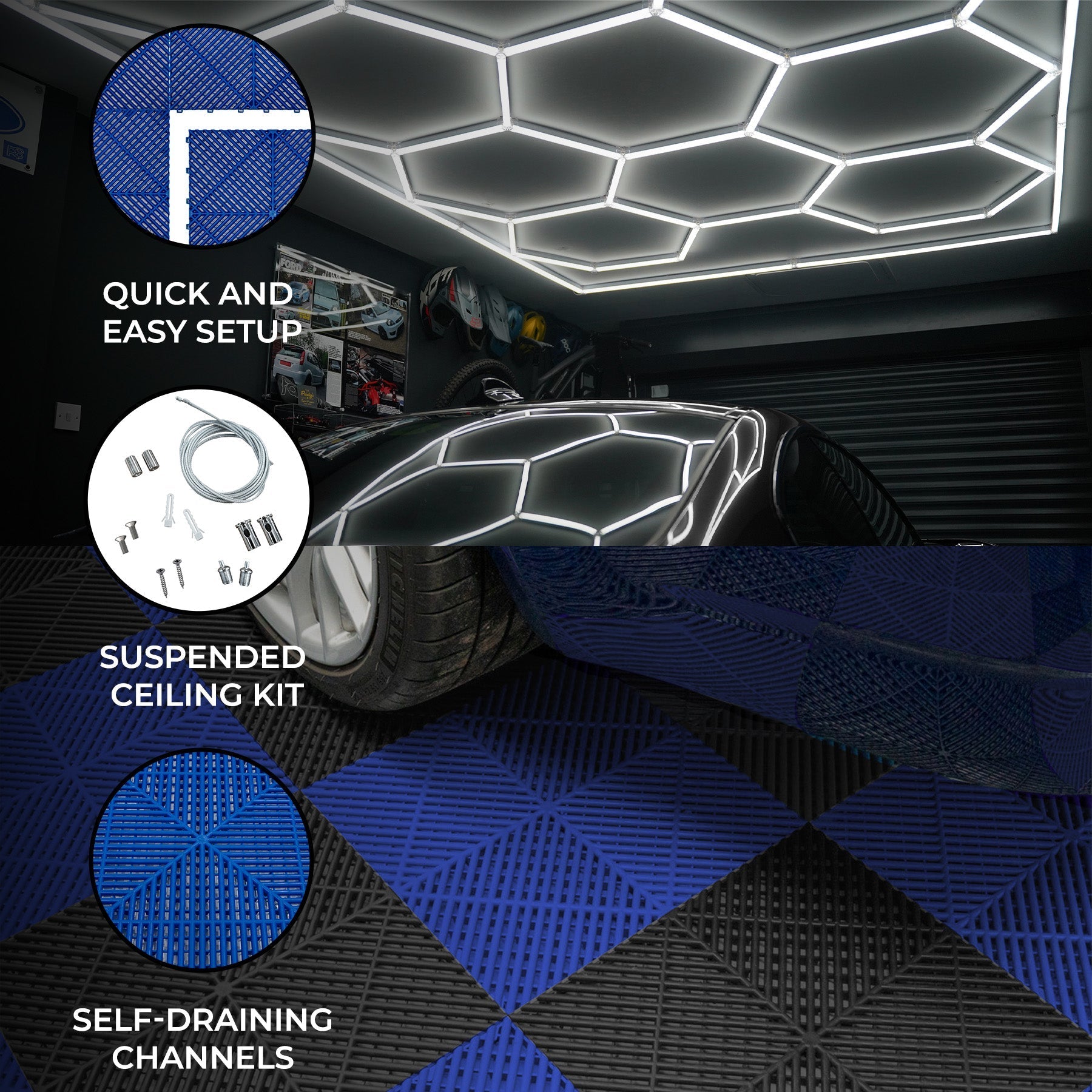 Hexagonal LED-Lit Ventilated Garage Floor Tiles With Edges – 60 Black and 60 Blue