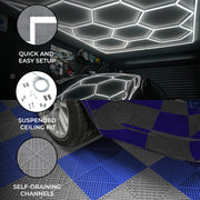Hexagonal LED Light and Ventilated Garage Floor Tiles with Edge Interlocks - 60 Grey, 60 Blue