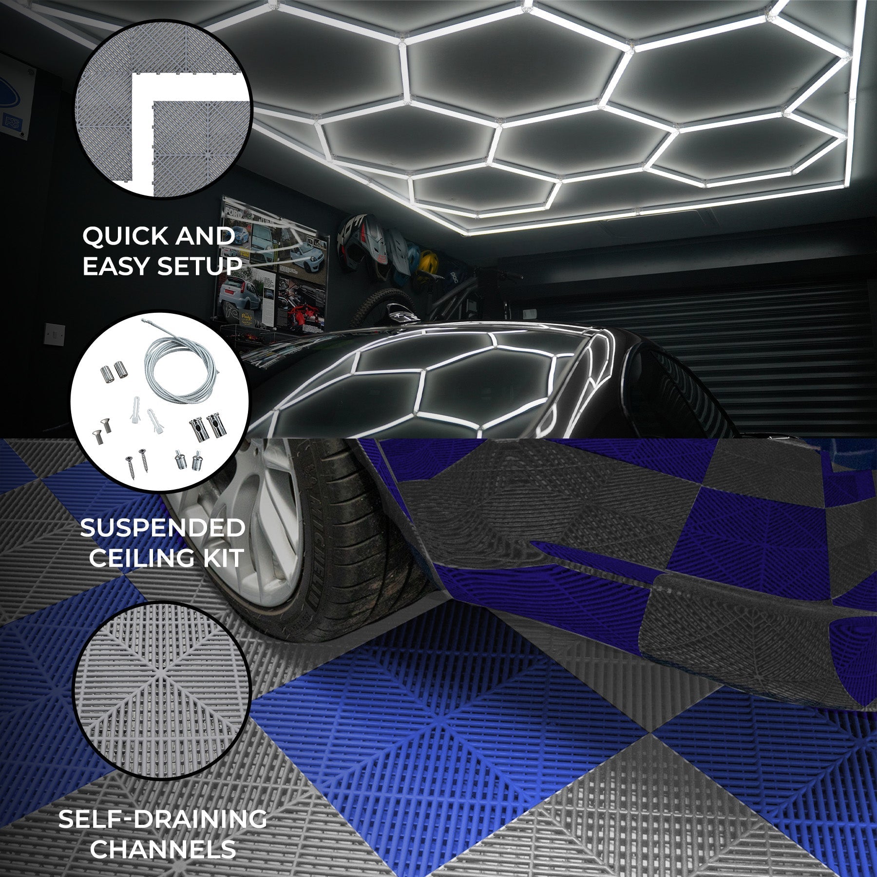 Hexagonal LED Light and Ventilated Garage Floor Tiles with Edge Interlocks - 60 Grey, 60 Blue