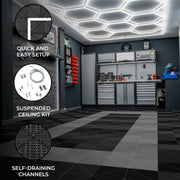 Hexagonal LED-Lit, Ventilated Garage Floor Tiles with Beveled Edges – Black (90) and Grey (30)