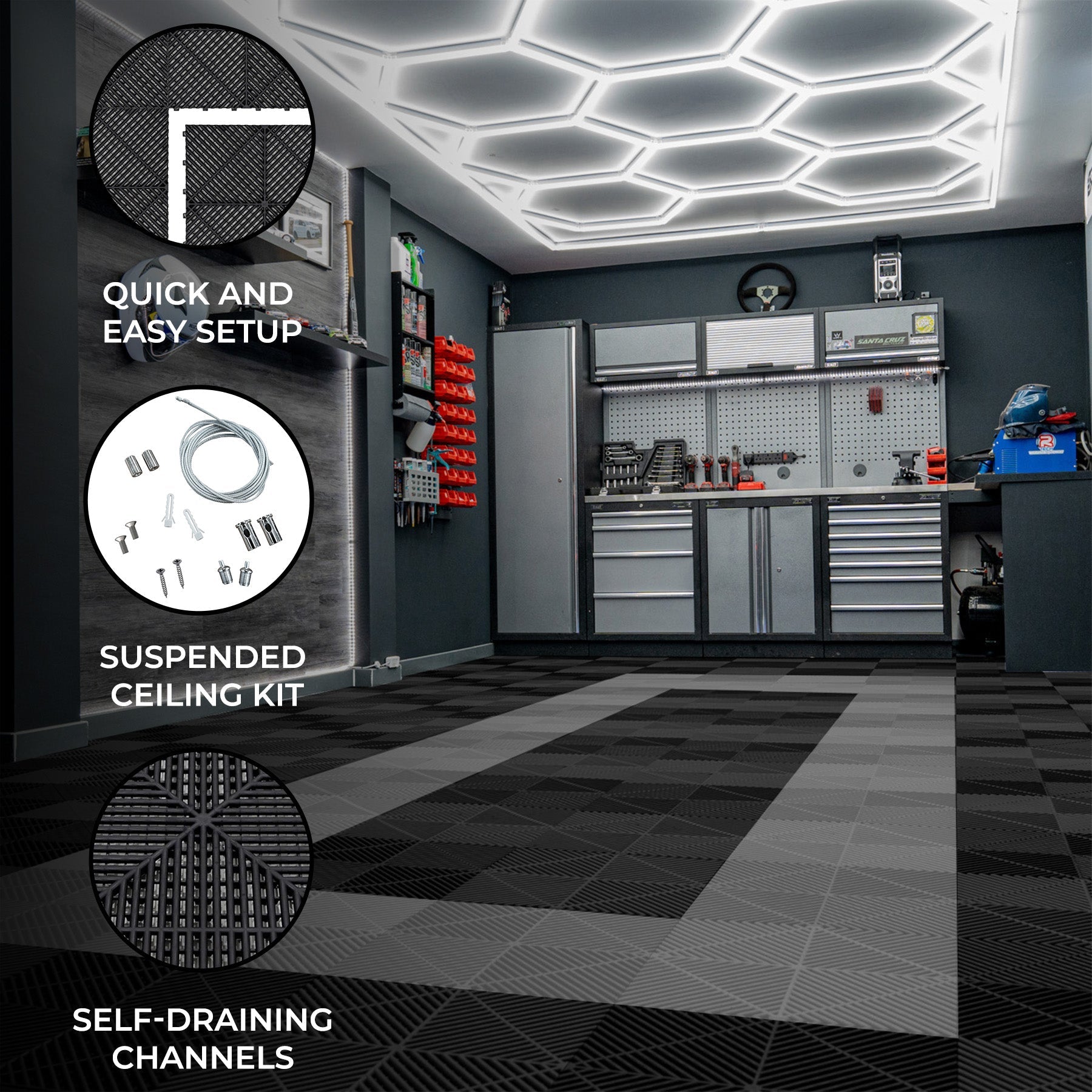 Hexagonal LED-Lit, Ventilated Garage Floor Tiles with Beveled Edges – Black (90) and Grey (30)