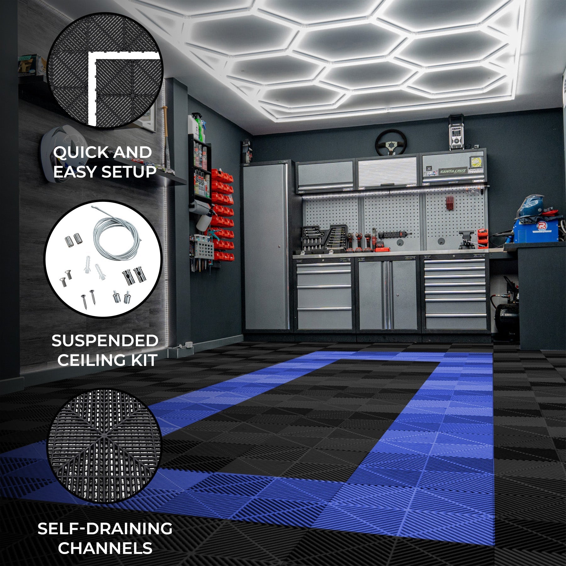 Hexagonal LED Light & Vented Garage Floor Tiles with Edges – 90 Black, 30 Blue