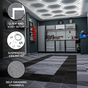 Hexagon LED Light and Vented Garage Floor Tiles with Edges (90 Grey, 30 Black)