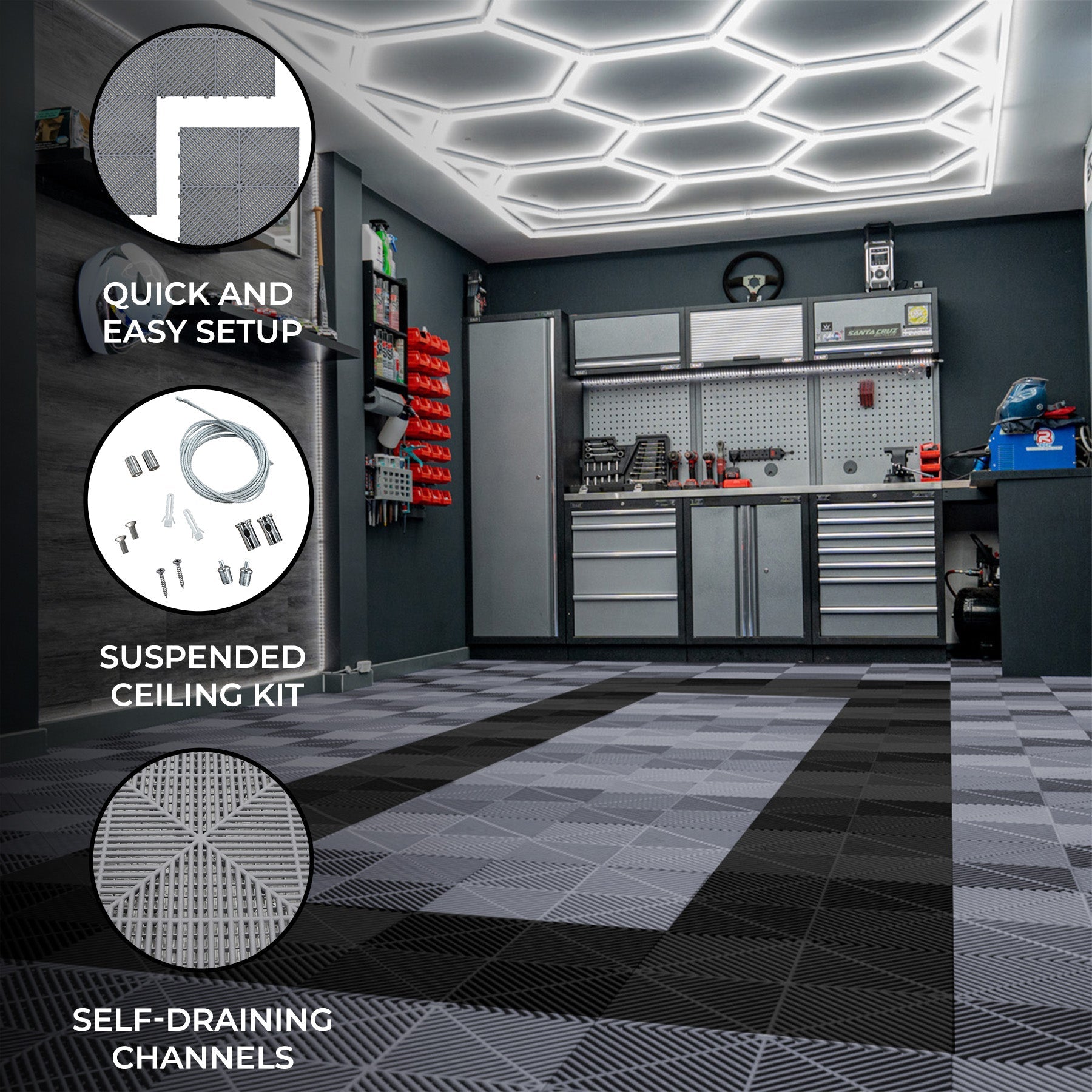 Hexagon LED Light and Vented Garage Floor Tiles with Edges (90 Grey, 30 Black)