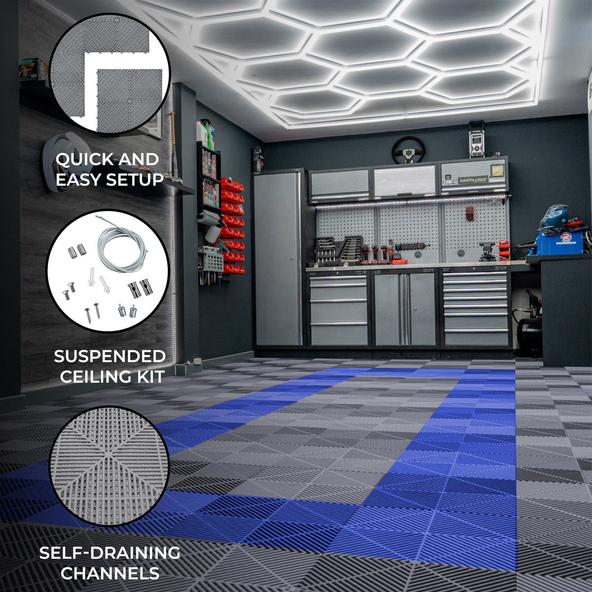 Hexagonal Led Tile Hexagonal LED-Lit and Ventilated Garage Floor Tiles with Edges - 90 Gr ...