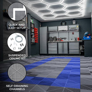 Hexagonal LED-Lit and Ventilated Garage Floor Tiles with Edges - 90 Grey, 30 Blue