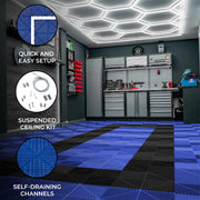 Hexagon LED Lighted and Vented Garage Floor Tiles with Edges - 90 Blue, 30 Black