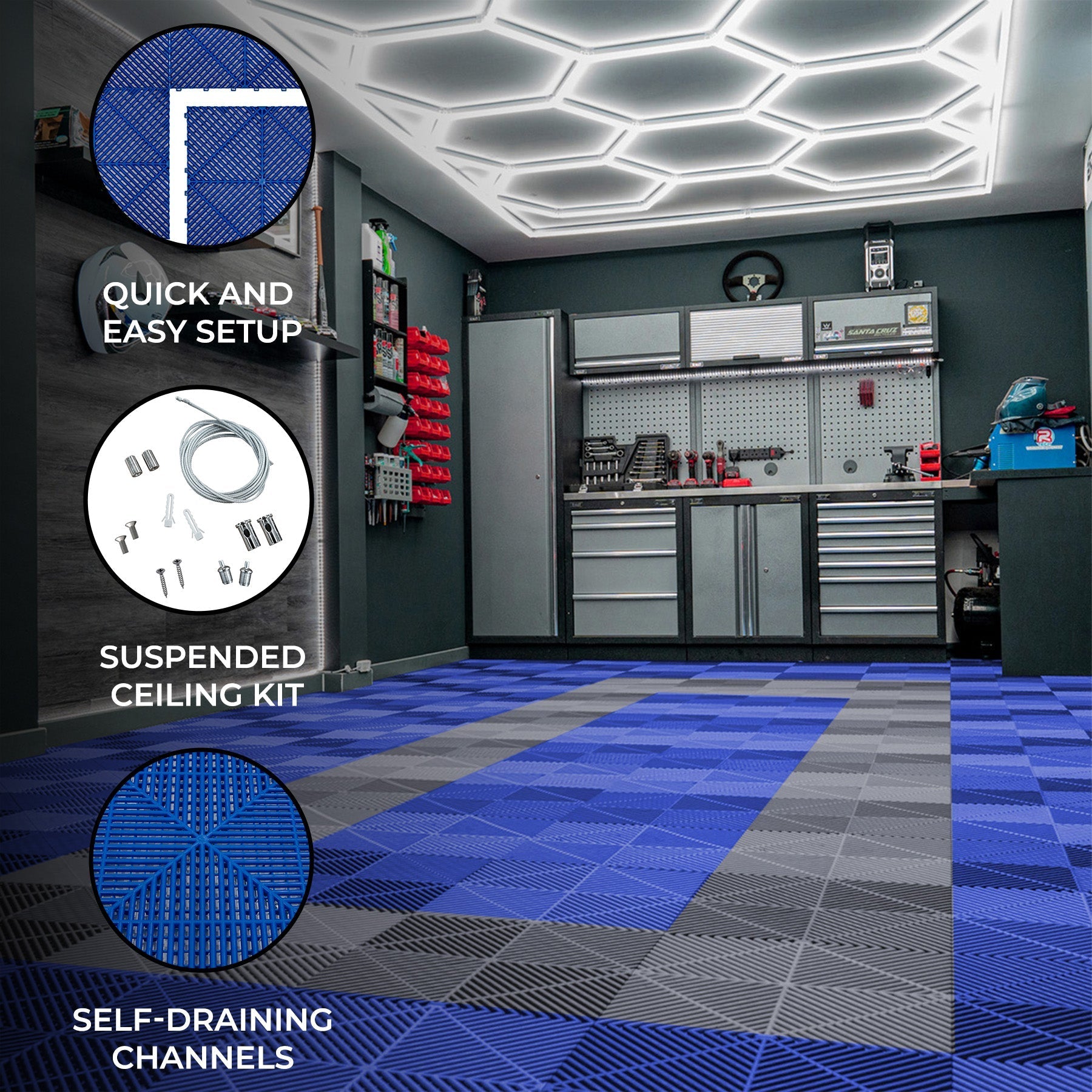 Hexagonal LED Light and Vented Garage Floor Tiles with Edges – 90 Blue and 30 Grey
