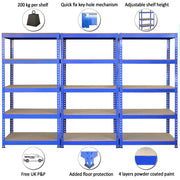 Q-Rax Racking Blue Shelving – 90 x 50 x 180 cm (3 units) and 120 x 50 x 180 cm (2 units)